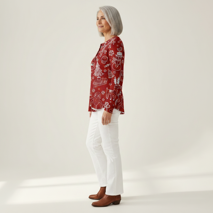 Renske - Pull de Noël rouge à motifs blancs
