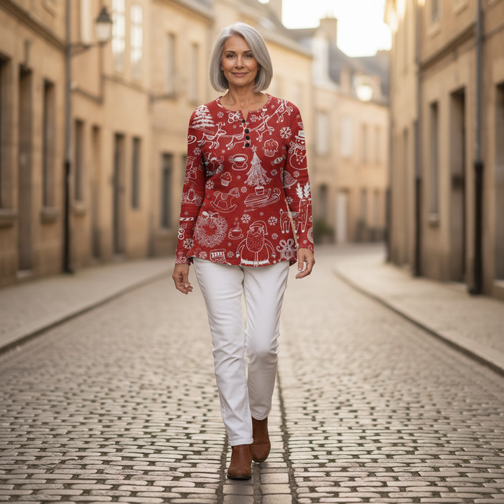 Renske - Pull de Noël rouge à motifs blancs