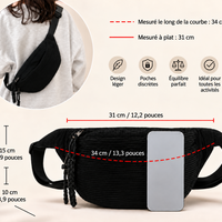 Sac noir porté et dimensions détaillées en français