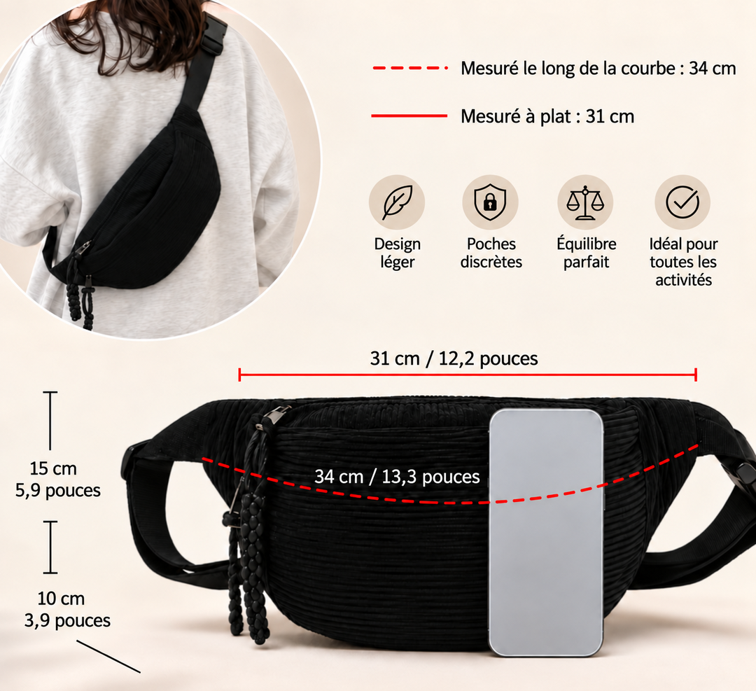 Sac noir porté et dimensions détaillées en français